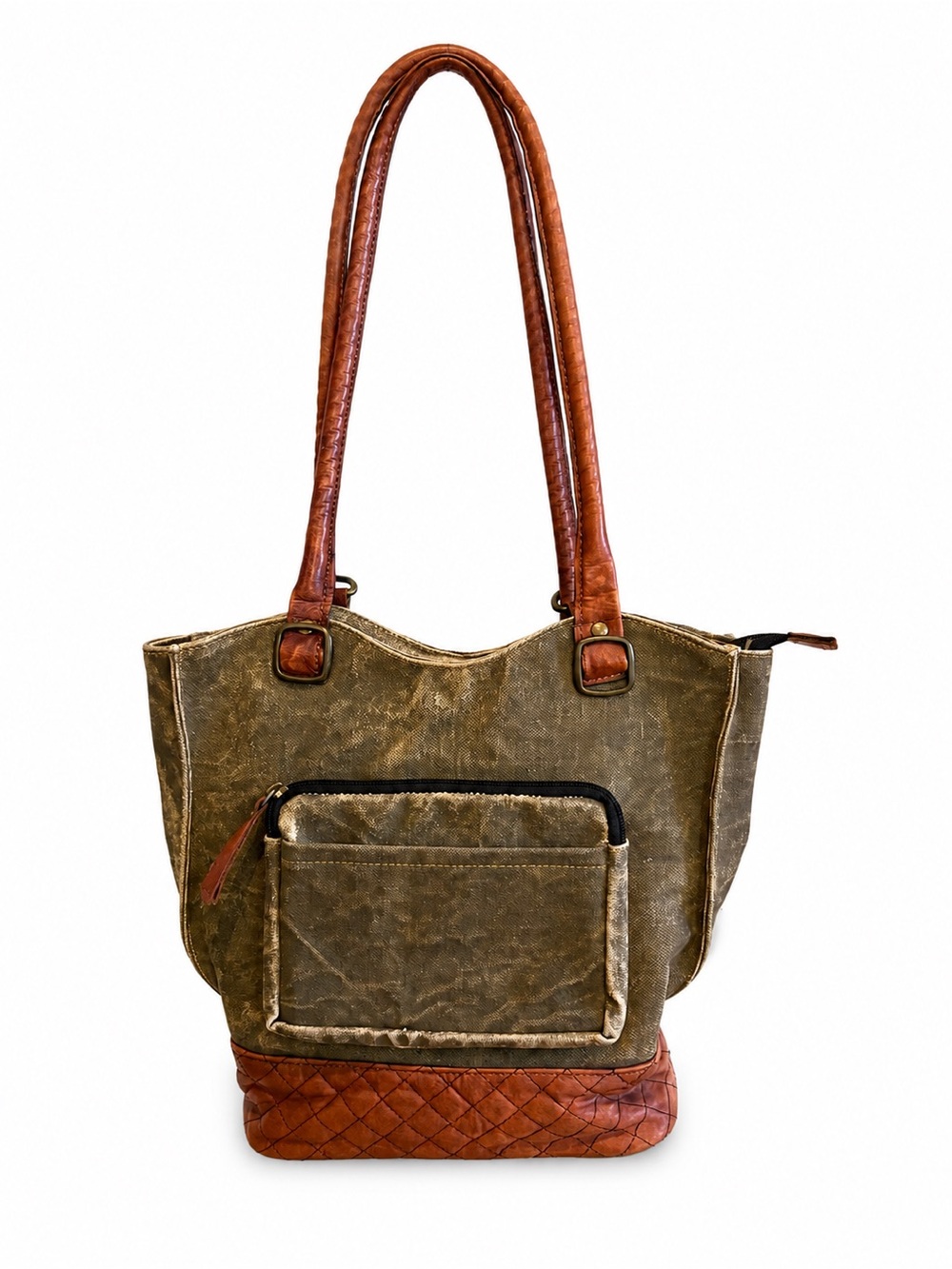 Mona B Upcycled Canvas and Leather Olive Brown Distressed Shoulder Bag Purse